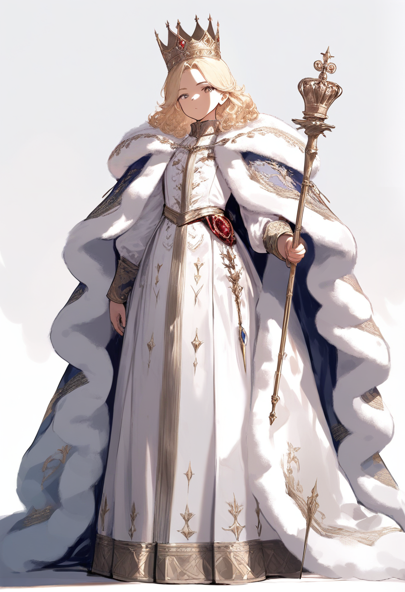 Detailed illustration, soft shading, young prince, blonde curly hair, ermine-trimmed cape, ornate doublet, crown, scepter, regal posture