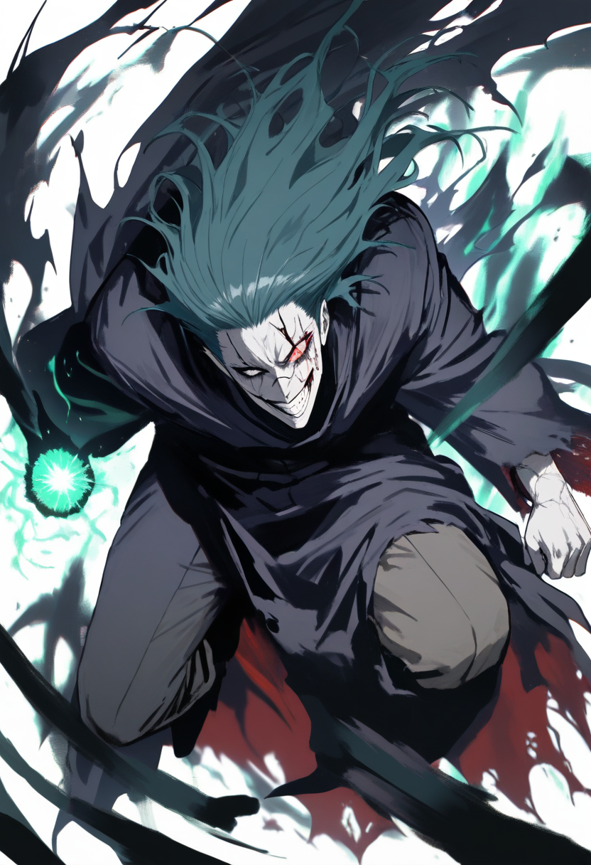 Jujutsu kaisen style, cursed spirit, pale grey skin, cracked face markings, long disheveled dark teal hair, hollow black eyes with red irises, tattered dark robes, menacing cursed energy emanating, sinister smile