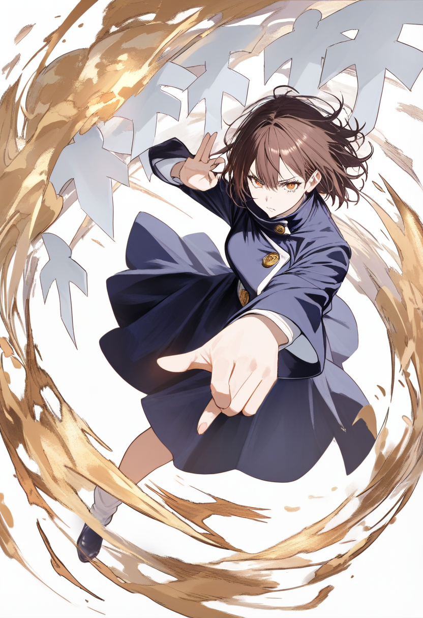 Jujutsu kaisen style, jujutsu sorcerer, short messy brown hair, golden eyes, tokyo jujutsu high uniform, shikigami paper talismans floating around her, summoning hand gesture, determined expression