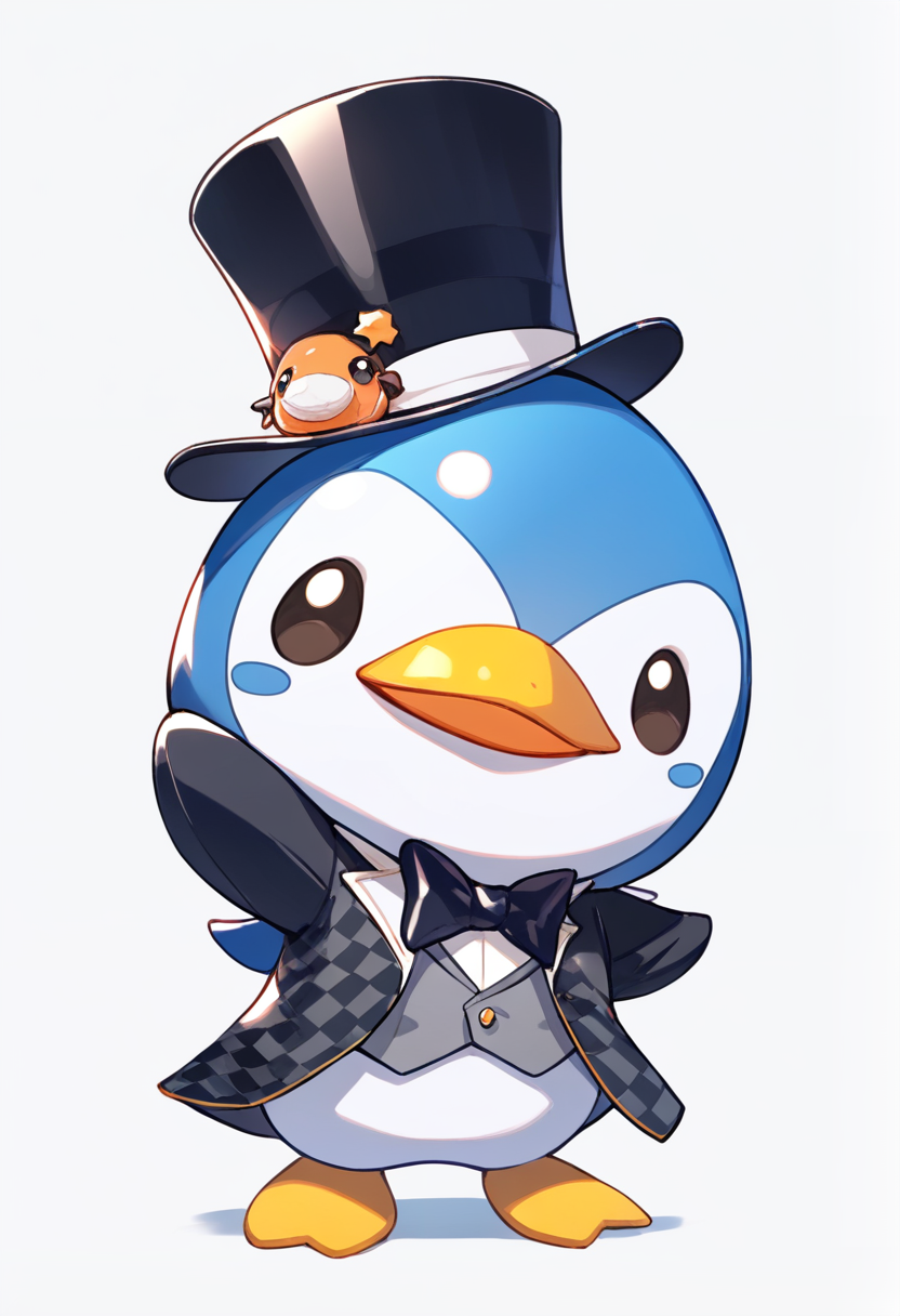 Chibi, mascot design, penguin themed, tuxedo pattern, bowtie, top hat, tiny wings, waddling pose, cheerful