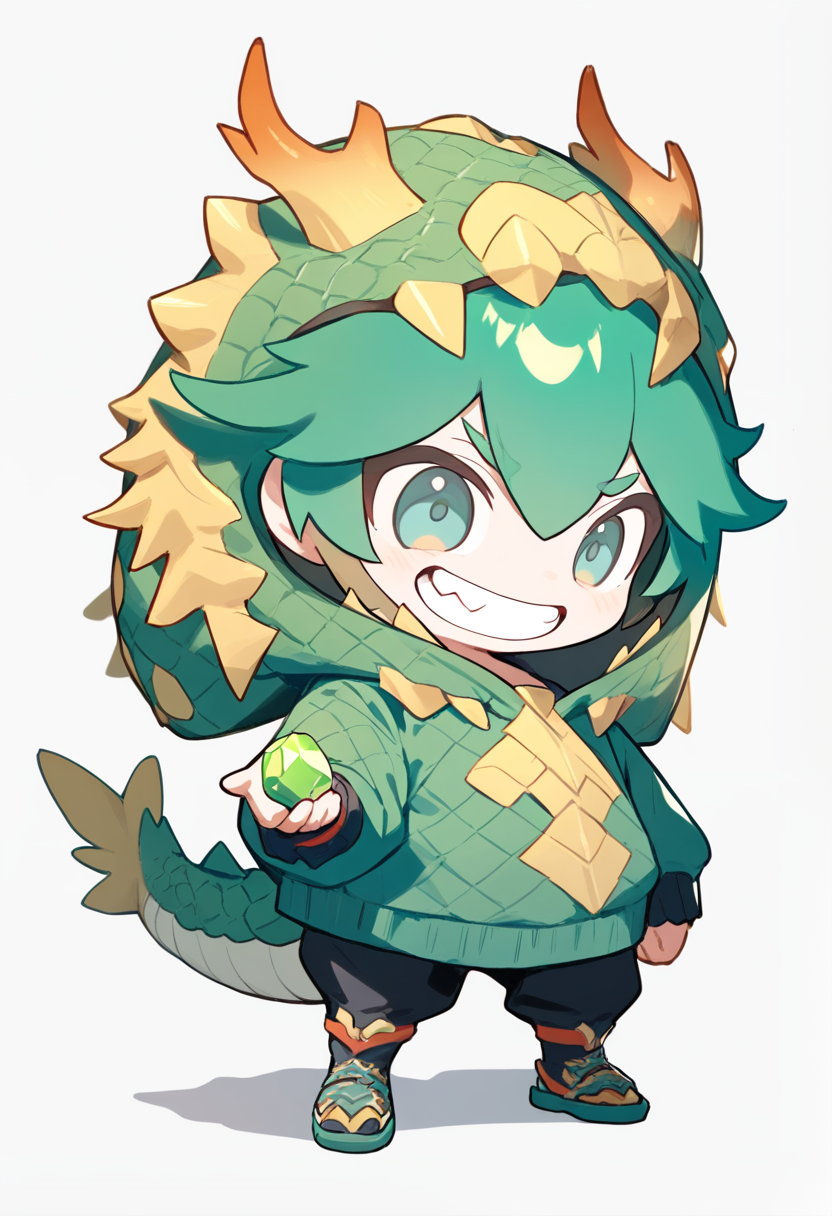 Chibi, mascot design, dragon horns, small wings, green scales pattern hoodie, holding gem, toothy grin, stubby tail