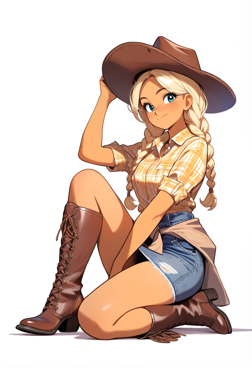 My little pony, earth pony girl, orange skin, blonde hair in braids, freckles, cowgirl hat, plaid shirt tied at waist, denim skirt, cowgirl boots, tipping hat