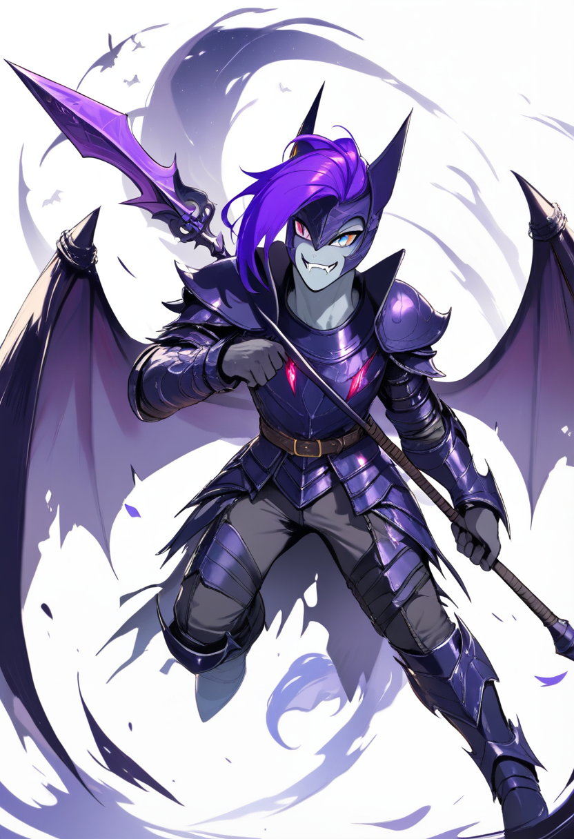 My little pony, bat pony boy, grey skin, dark purple mane, slit pupils, fangs, leathery bat wings, night guard armor, spear, stoic expression