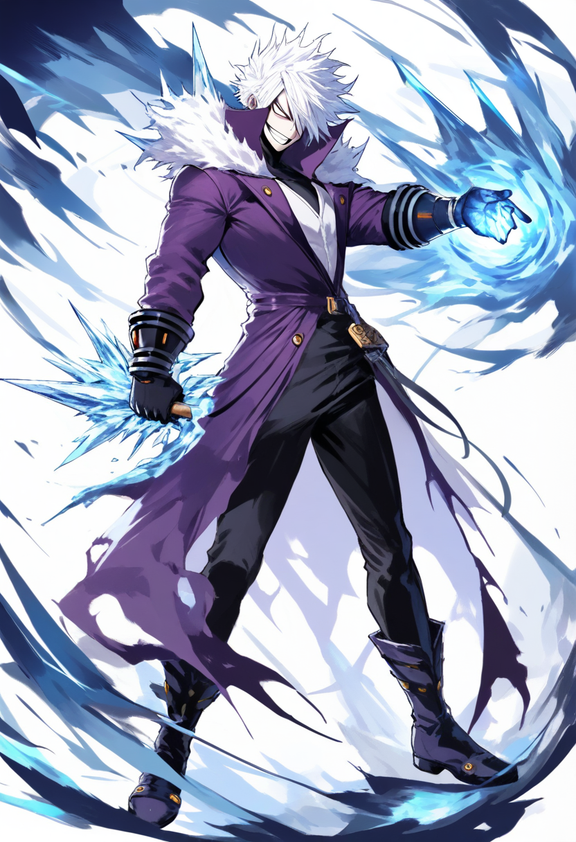 Boku no hero academia style, villain, tall lean build, long messy white hair covering one eye, pale skin, stitched together dark purple coat, ice forming on left hand fire on right hand, twisted grin