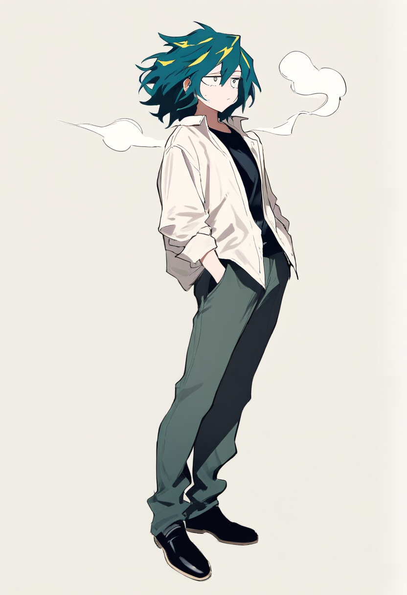 Boku no hero academia style, ua student, shaggy dark teal hair, tired expression, dark circles under grey eyes, ua uniform disheveled, smoke quirk wisps curling from hands, hands in pockets laid back pose