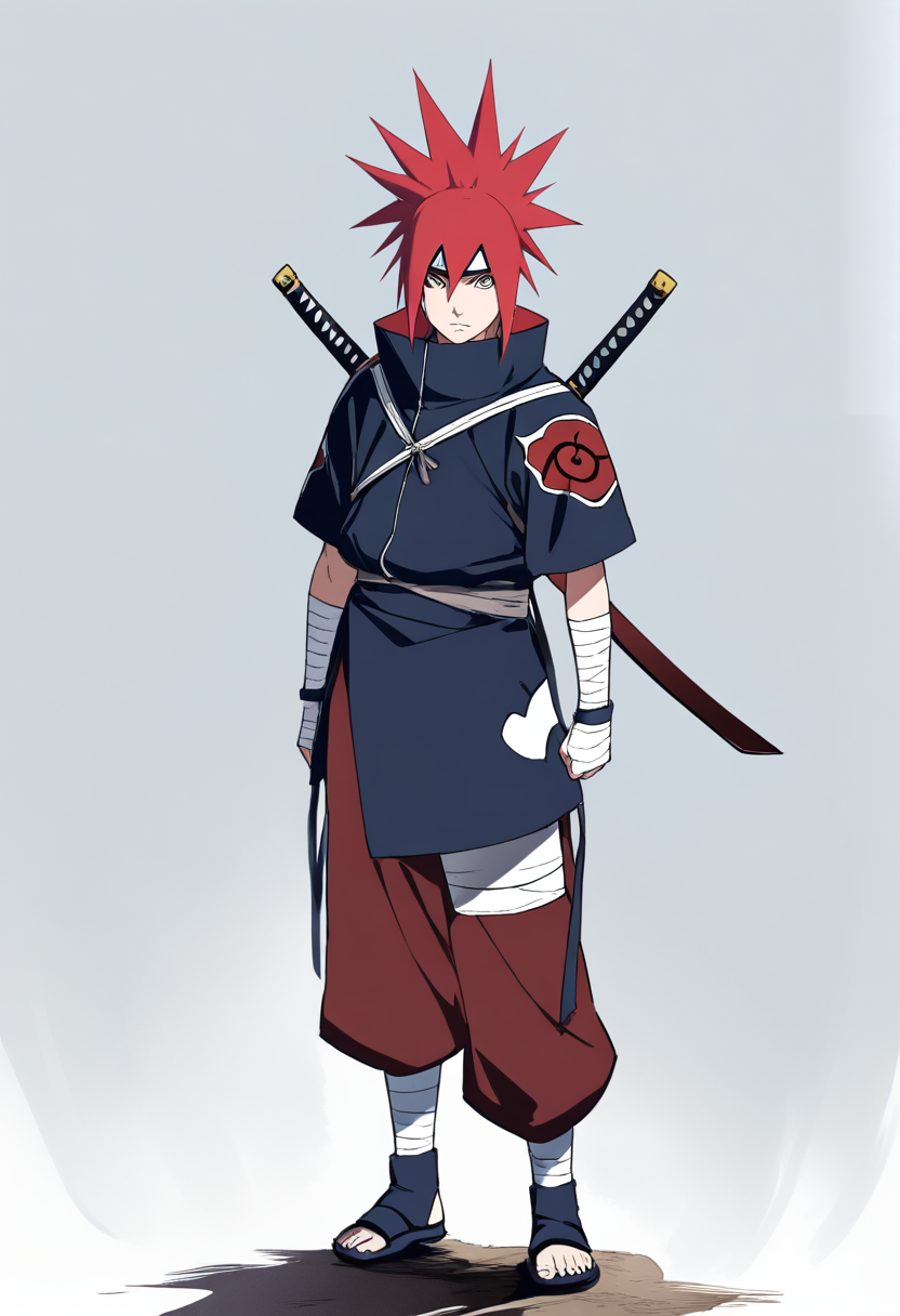Naruto shippuden style, shinobi, spiky crimson hair, sharingan eyes, uchiha clan crest on back, high collar dark blue shirt, white arm wraps, sword strapped to back, brooding expression