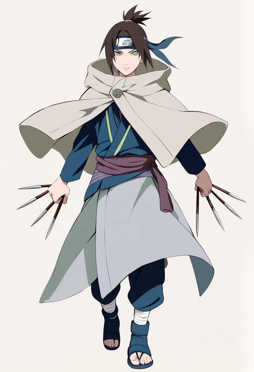 Naruto shippuden style, shinobi, long dark brown hair tied loosely, green byakugan-like eyes, mist village headband, grey hooded cloak over navy blue outfit, senbon needles between fingers, stoic expression