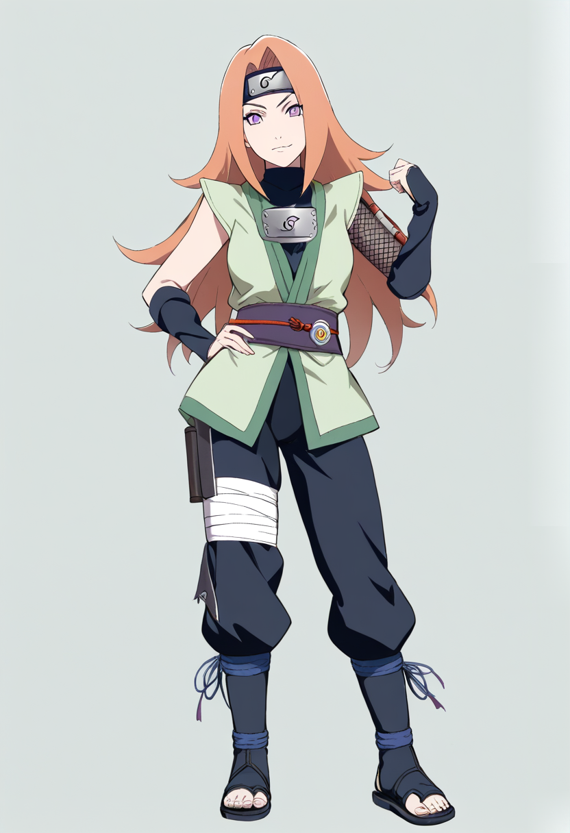 Naruto shippuden style, kunoichi, wavy orange hair shoulder length, violet eyes, leaf village headband worn as belt, green jonin vest, black bodysuit underneath, summoning scroll on hip, cheerful expression