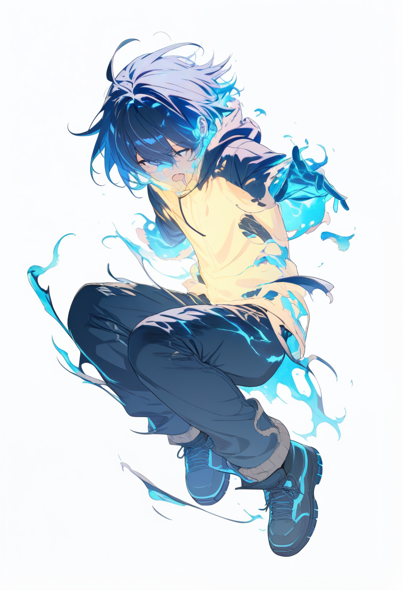 Anime coloring, original character, ghost theme, translucent edges, pale blue coloring, tattered hoodie, floating slightly, sad expression, ethereal glow