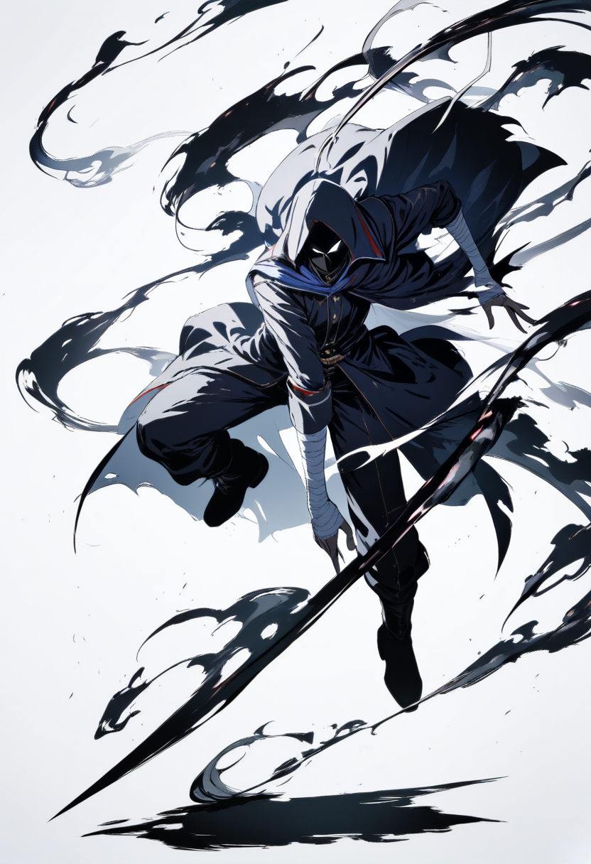 Anime coloring, original character, shadow theme, dark aura, glowing white eyes, black coat, bandaged hands, floating shadow tendrils, enigmatic stance