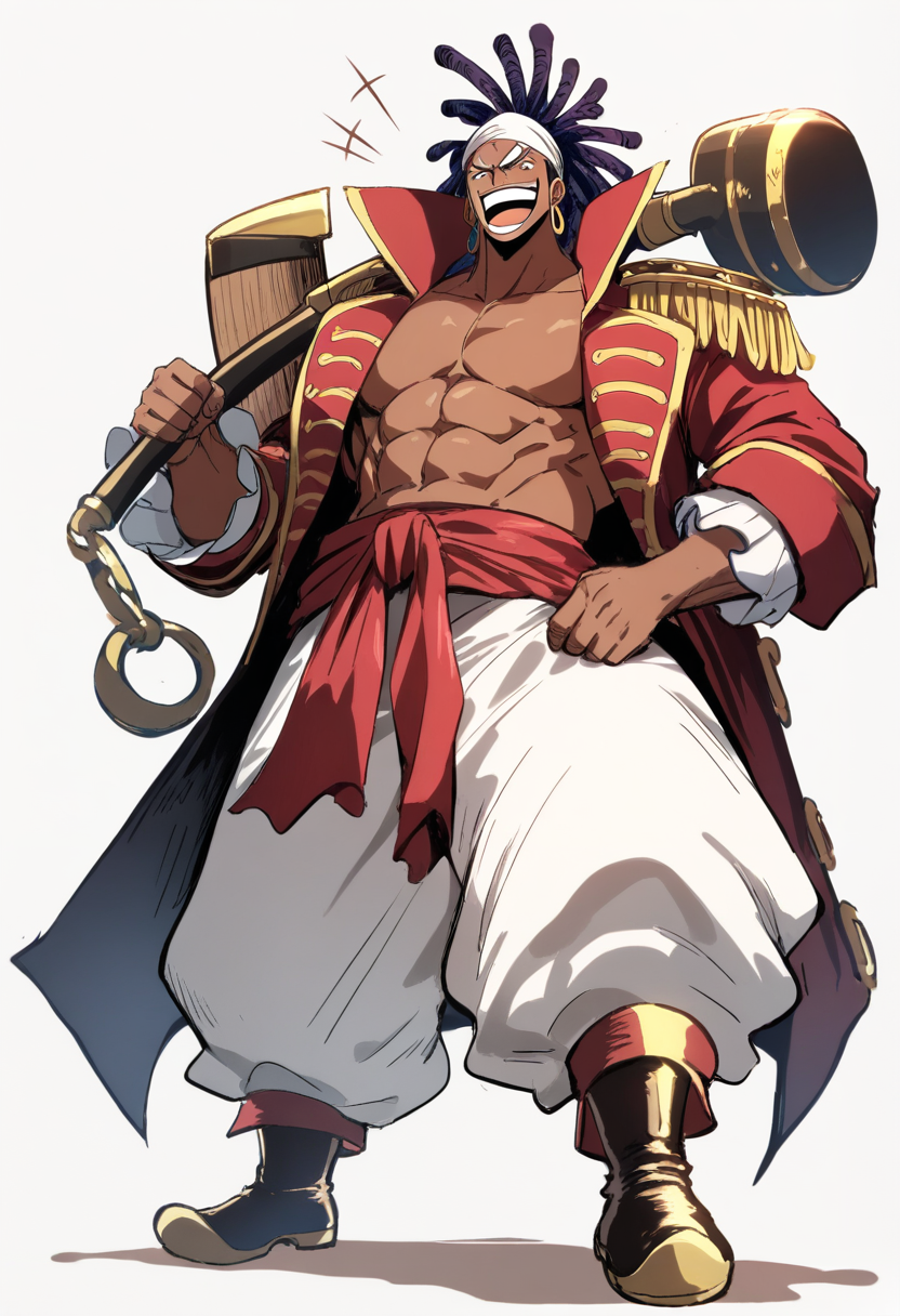 One piece style, pirate, dark skin, dreadlocks tied back, amber eyes, open red vest showing muscular chest, baggy white pants, large war hammer weapon resting on shoulder, jolly laughing expression