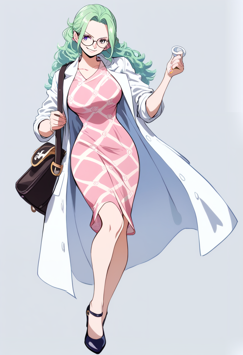 One piece style, pirate doctor, short mint green hair, glasses, calm violet eyes, white lab coat over pink dress, large medical bag slung over shoulder, devil fruit spiral pattern on hands, gentle smile