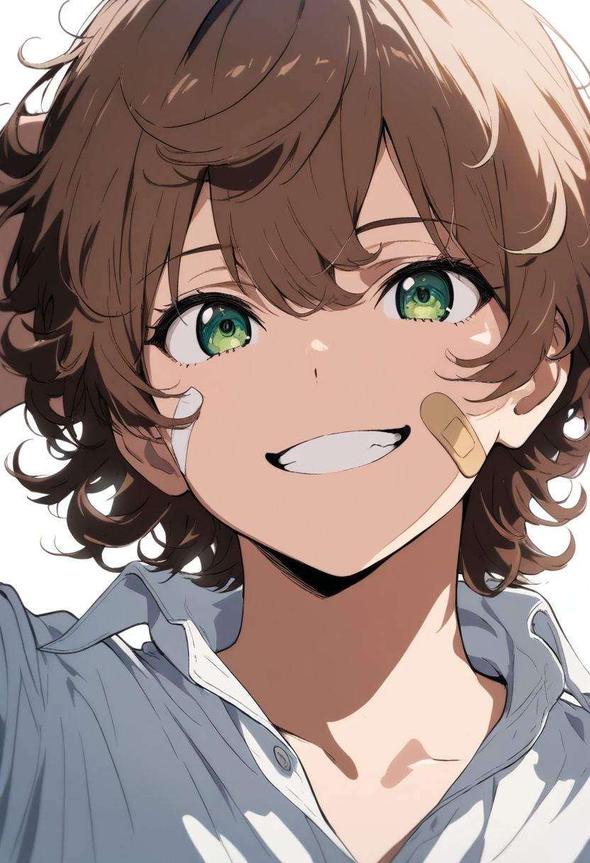 Anime coloring, curly brown hair, green eyes, bandaid on cheek, open collar shirt, friendly grin, hand behind head
