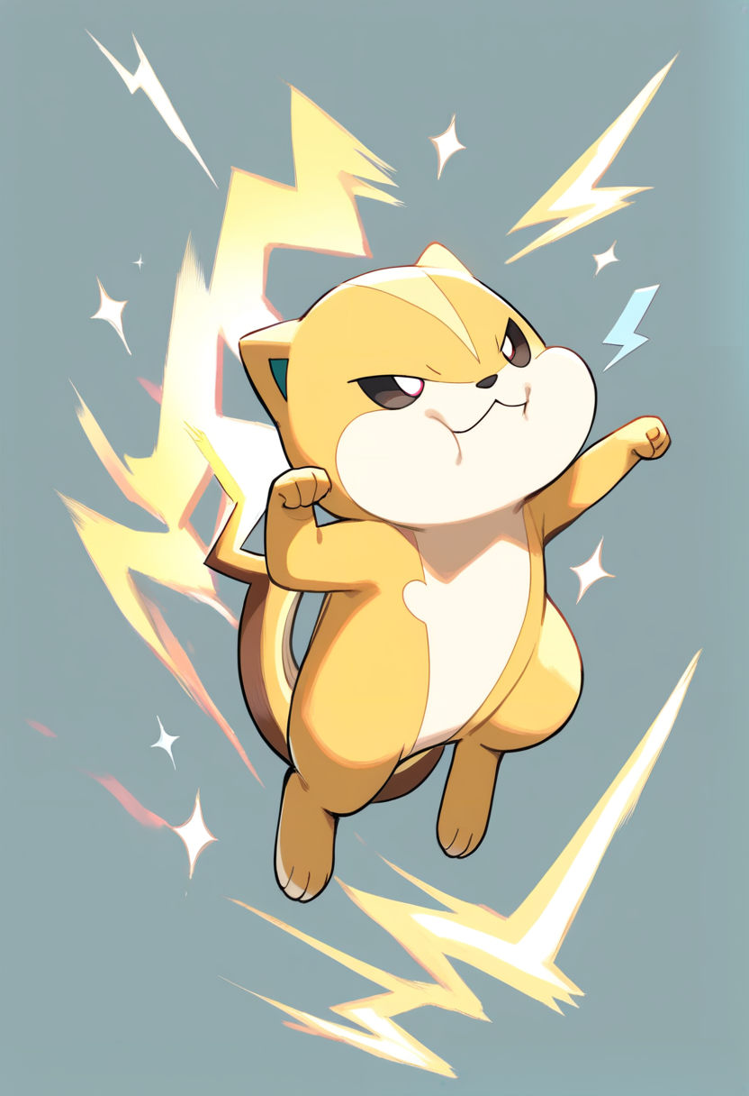 Pokemon style, electric squirrel pokemon, yellow and white fur, lightning bolt tail, sparking cheeks, energetic jumping pose