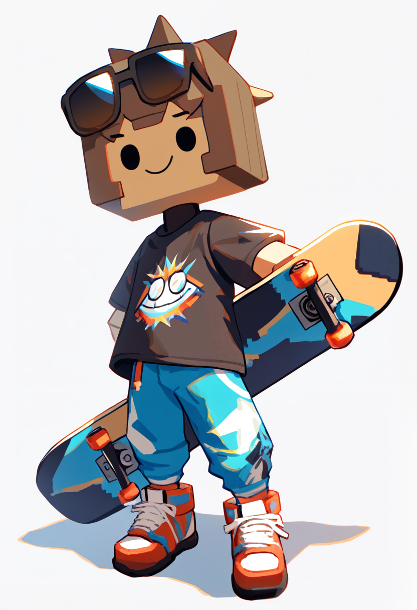 Roblox, chibi blocky figure, simple round head, cool face, spiky brown hair, sunglasses on head, graphic tee, jogger pants, high tops, skateboard under arm