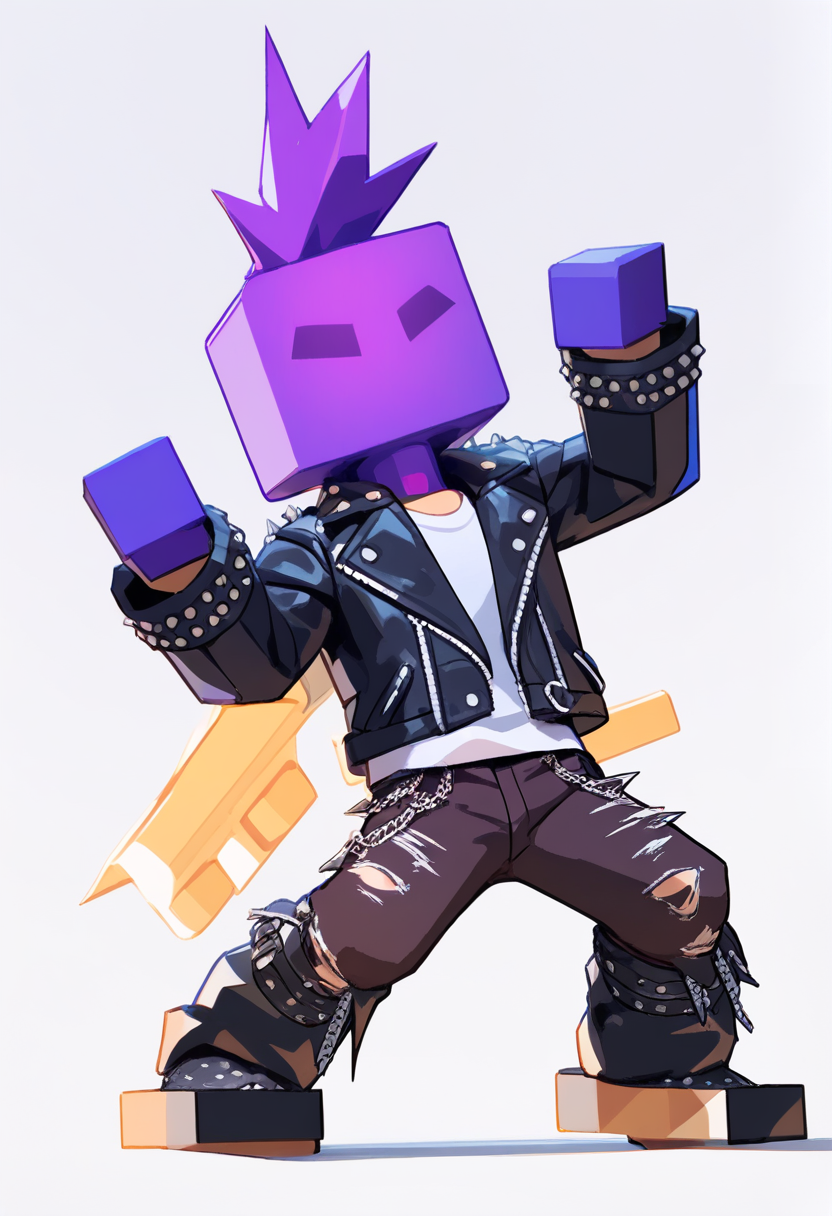 Roblox, chibi blocky figure, simple round head, chill face, purple mohawk, punk leather jacket with studs, ripped jeans, chunky boots, electric guitar, rock and roll pose