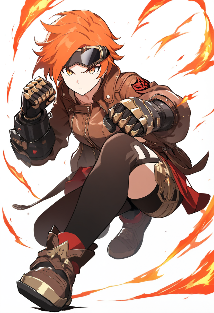 Rwby style, orange hair side shave, brown leather jacket, goggles on forehead, mechanical gauntlets, fire dust, boxing stance