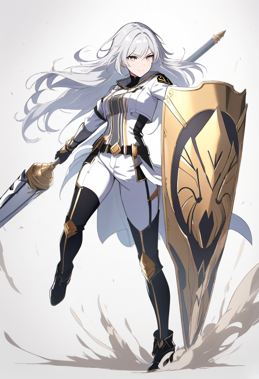 Rwby style, long silver hair, white and gold atlas uniform, holding lance and shield, gravity dust, floating pose