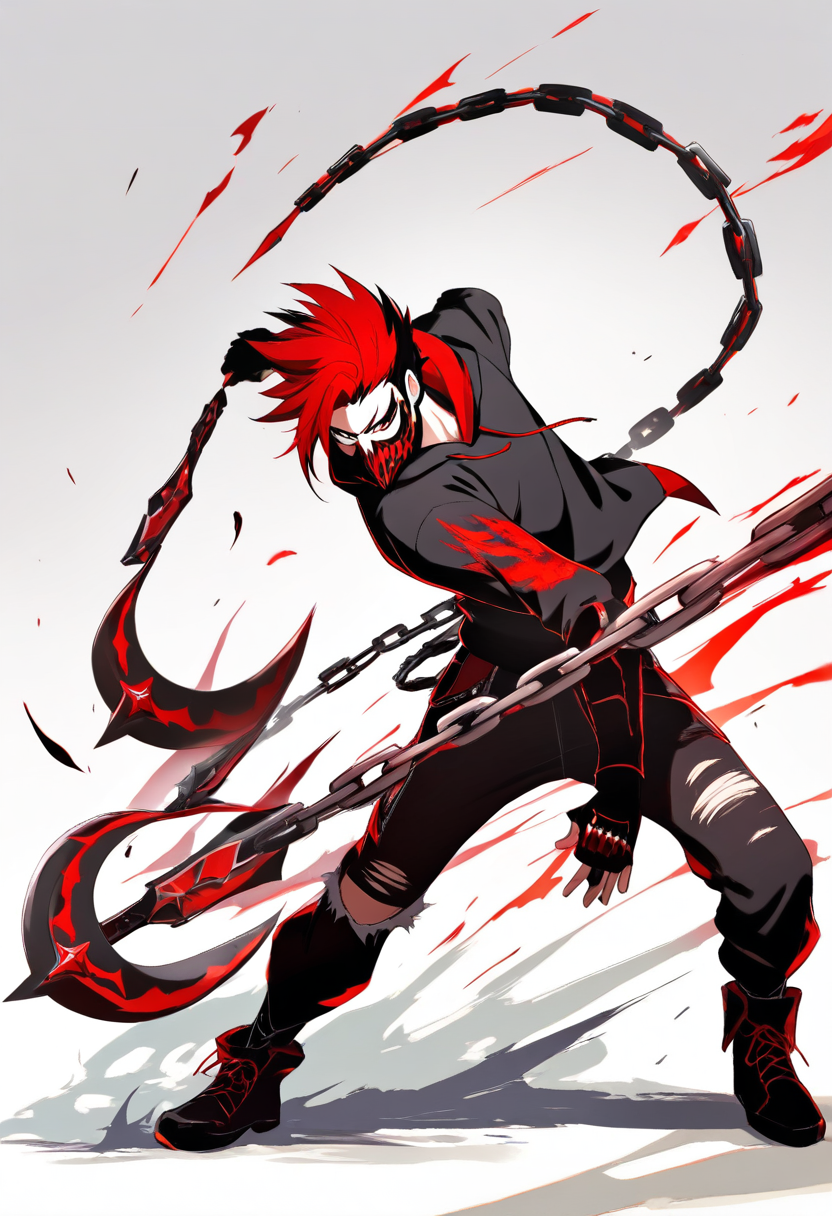 Rwby style, spiky black and red hair, dark hoodie, torn jeans, grimm mask on hip, wielding chain sickle, edgy stance