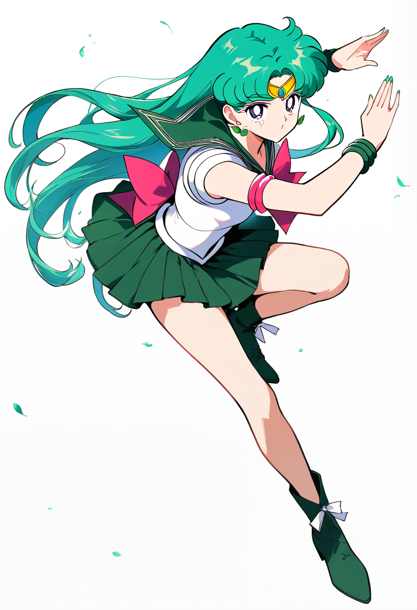Bishoujo senshi sailor moon style, short teal hair, sailor fuku, dark green sailor collar, leaf shaped earrings, tiara with emerald, ankle boots, nature attack pose