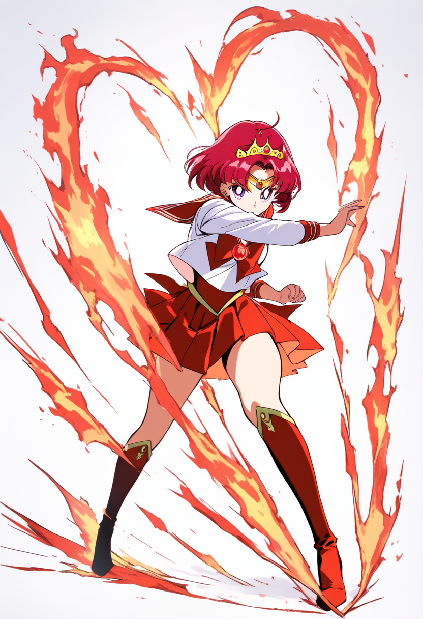 Bishoujo senshi sailor moon style, crimson red bob cut hair, sailor fuku, red sailor collar, flame brooch, tiara with ruby, red knee boots, fire attack pose