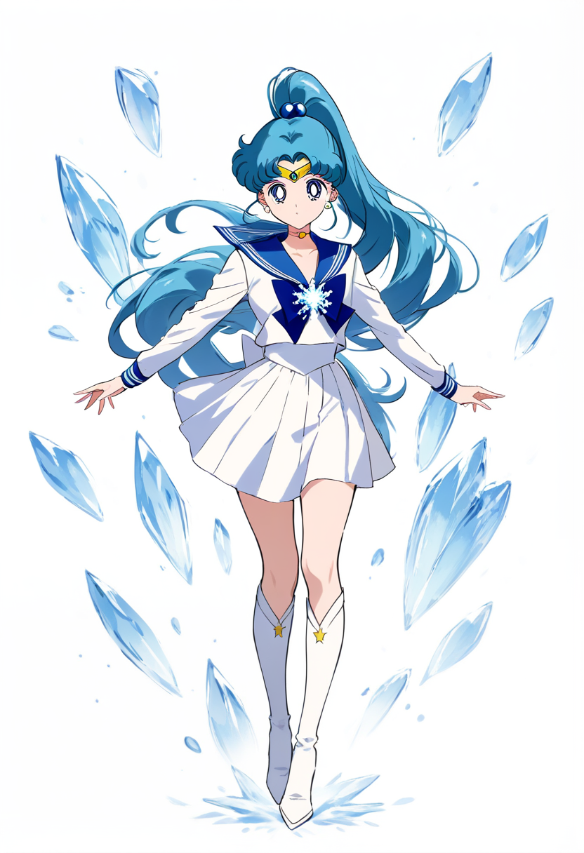 Bishoujo senshi sailor moon style, long sky blue hair in high ponytail, sailor fuku, light blue sailor collar, snowflake brooch, tiara with sapphire, white boots, ice crystal pose