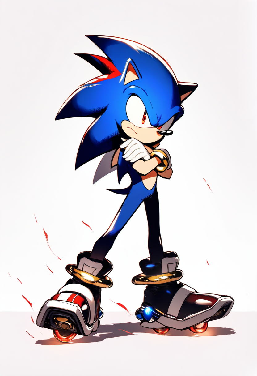 Sonic the hedgehog, anthropomorphic hedgehog boy, black fur with red streaks, red eyes, hover shoes, gold rings on wrists, serious expression, crossed arms
