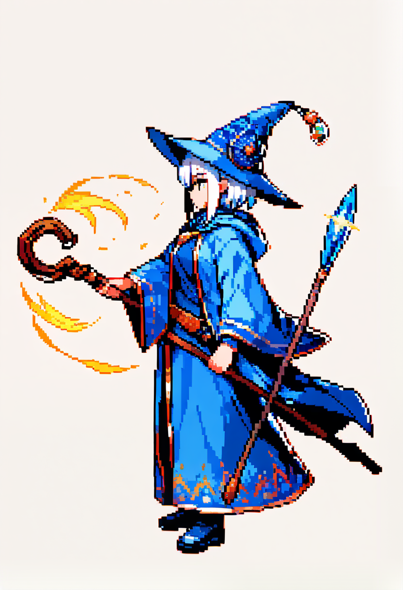 Pixel art, 16-bit style, mage class, blue robes, pointed hat, wooden staff, casting spell, side view