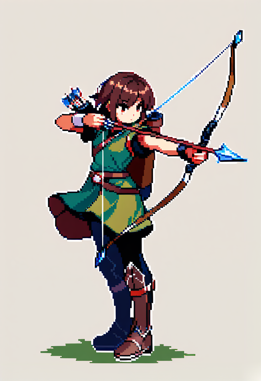 Pixel art, 16-bit style, archer class, brown hair, quiver on back, longbow, aiming pose, forest green tunic