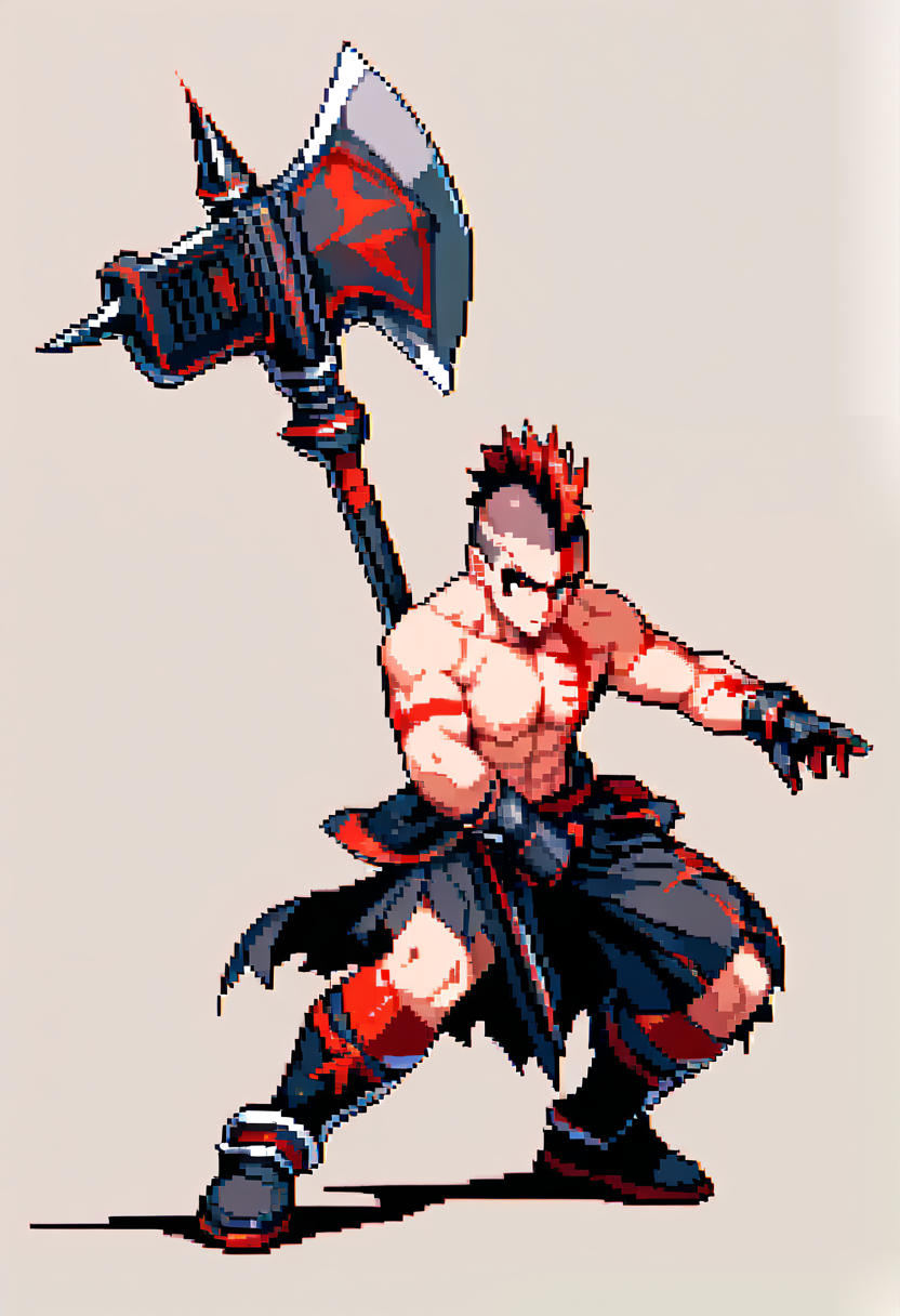 Pixel art, 16-bit style, berserker class, shirtless, red war paint, mohawk, giant axe, attack pose