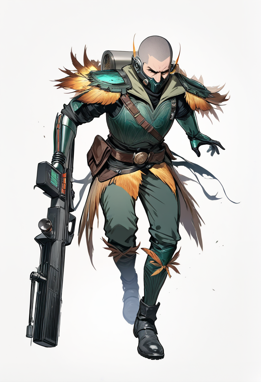 Star wars style, shaved head with cybernetic implant, bounty hunter armor, green and grey, holding blaster rifle, jetpack, intimidating stance