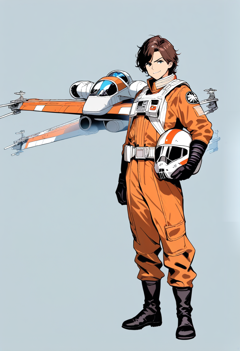 Star wars style, messy brown hair, rebel pilot uniform, orange flight suit, holding helmet under arm, x-wing pilot, confident smile