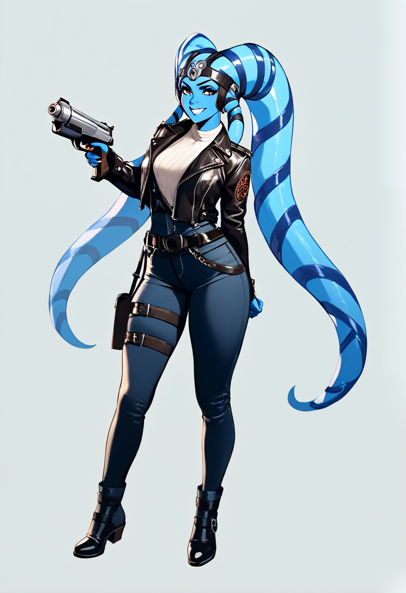 Star wars style, twi-lek alien, blue skin, lekku head tails, smuggler outfit, leather jacket, holding blaster pistol, sly grin