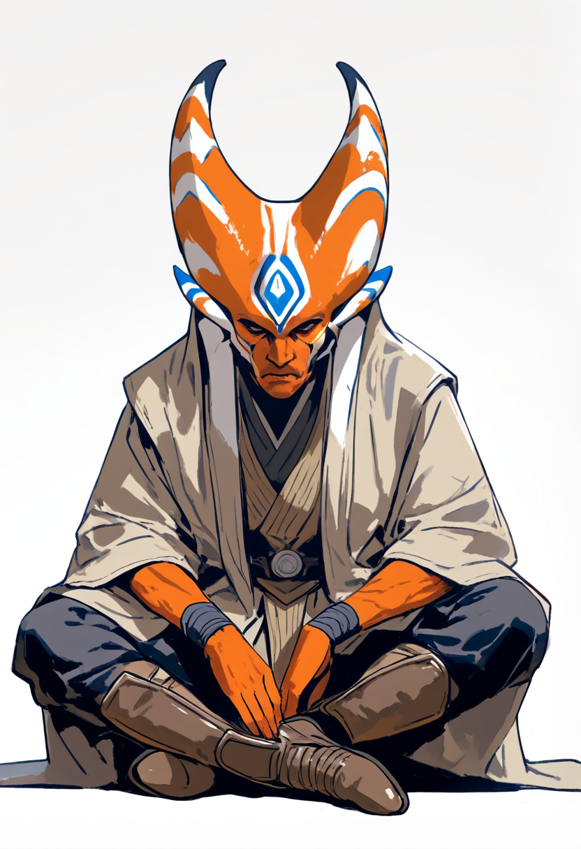 Star wars style, togruta alien, orange skin, montrals and lekku, grey jedi robes, white lightsaber, meditating pose
