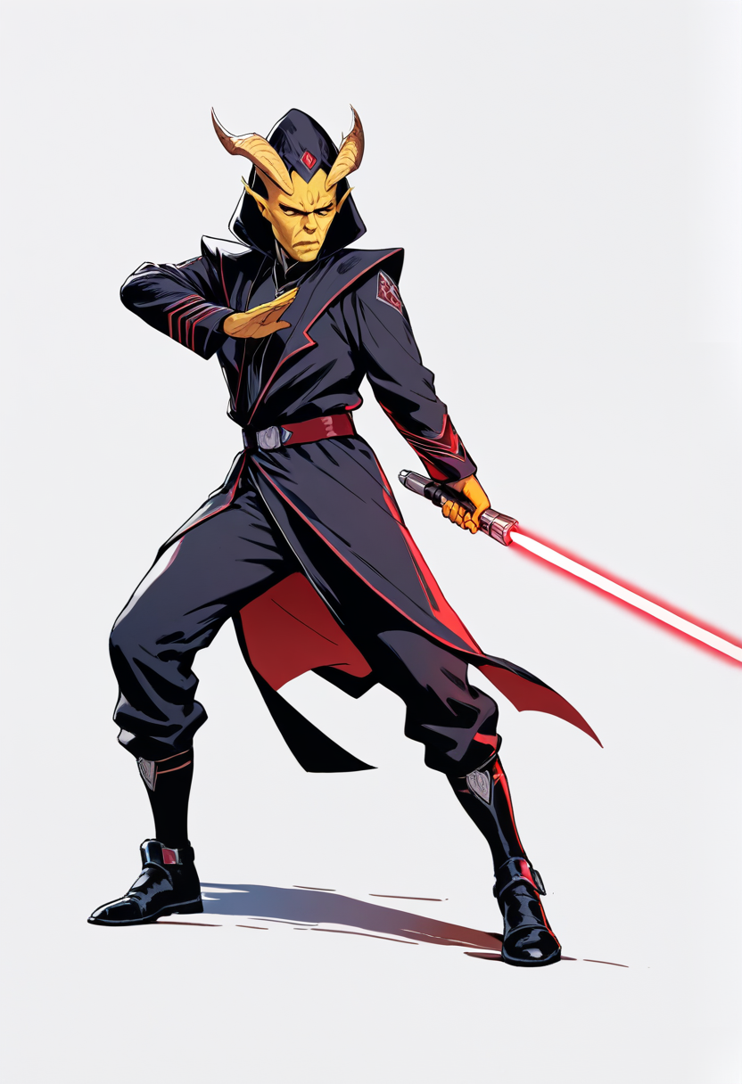 Star wars style, zabrak alien, yellow skin with black tattoos, horns, dark robes, holding red lightsaber, sith apprentice, aggressive stance