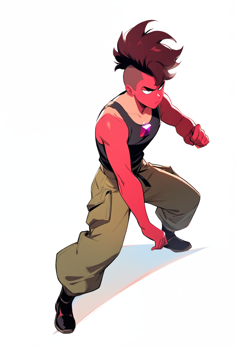 Steven universe, gem character, broad shouldered, deep red skin, square shaped gemstone on chest, dark maroon hair in mohawk, tank top, cargo pants, protective stance