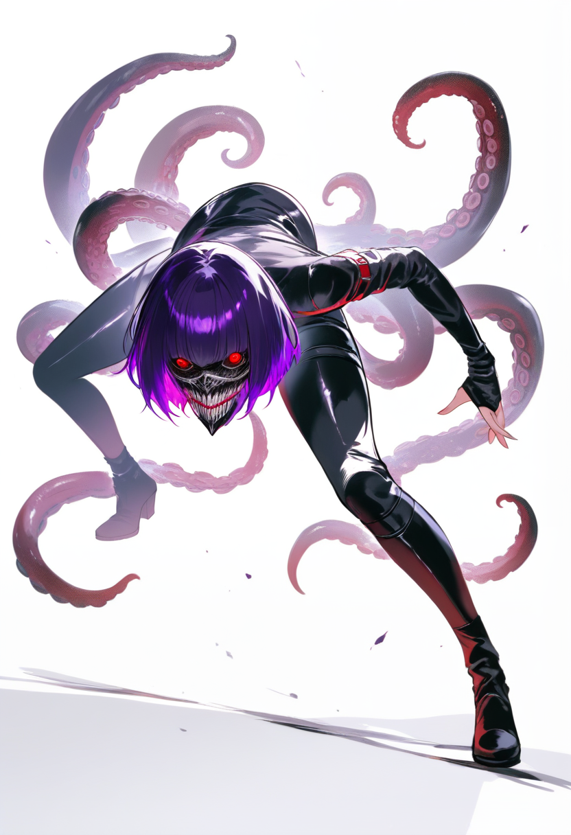 Tokyo ghoul style, ghoul, messy bob cut purple hair, both kakugan eyes activated, leather ghoul mask with fanged design, black bodysuit, rinkaku kagune four red tentacles from lower back, predatory crouching pose