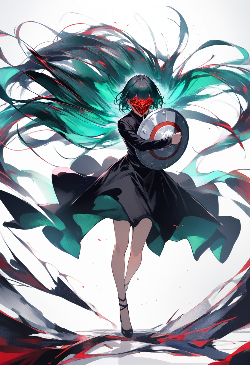 Tokyo ghoul style, ghoul, long flowing teal hair, gentle expression contrasting one kakugan eye, elegant black dress, delicate mask covering eyes only, koukaku kagune forming shield from back, protective stance