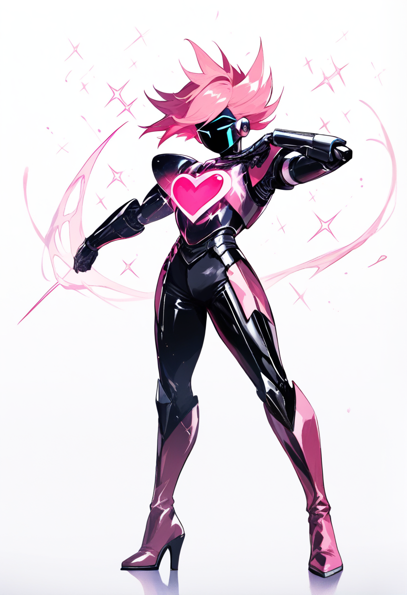 Undertale, robot boy, metallic pink and black body, heart shaped soul core on chest, styled hair swoosh, boots with heels, dramatic fabulous pose, sparkle effects