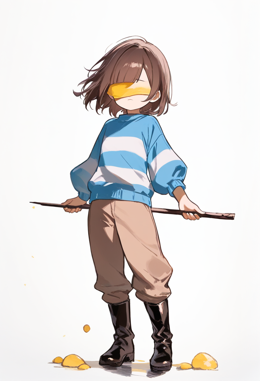 Undertale, human child, brown hair with bangs covering eyes, striped sweater blue and purple, brown pants, boots, neutral expression, holding stick