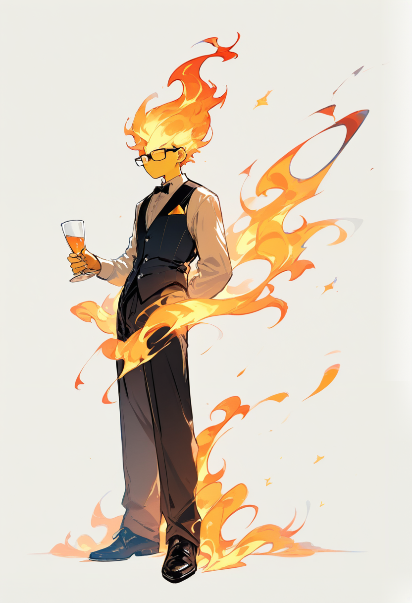 Undertale, flame monster boy, entirely made of fire, orange and yellow flames, glasses, bartender vest over dress shirt, slacks, polishing a glass, calm demeanor