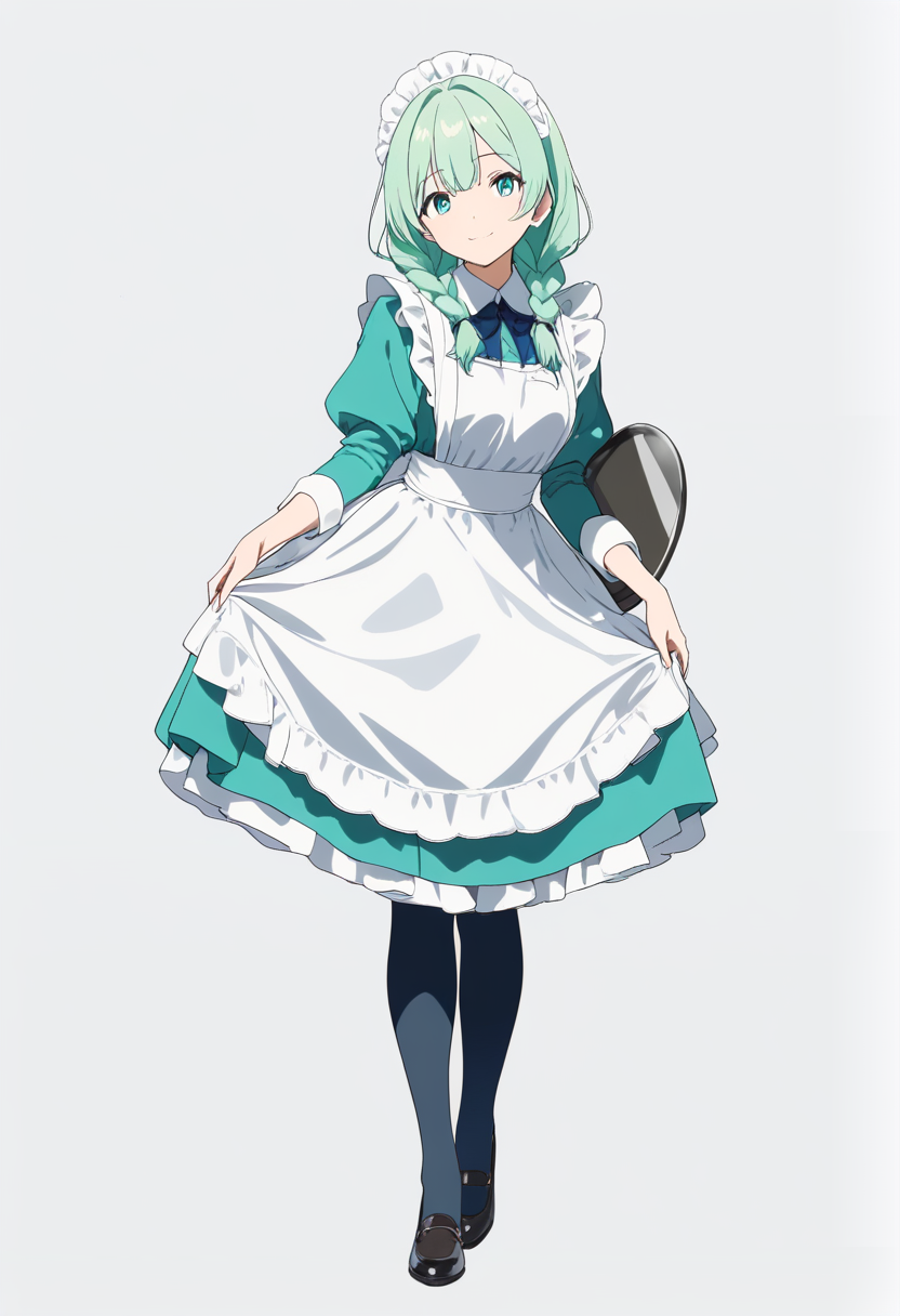 Anime coloring, twin braids, mint green hair, maid outfit, frilled headband, serving tray, curtsy pose, warm smile
